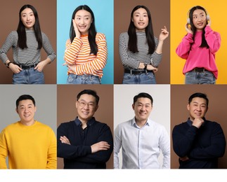Image of Collage with photos of Asian woman and man on different color backgrounds