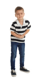 Photo of Little boy suffering from stomach ache on white background