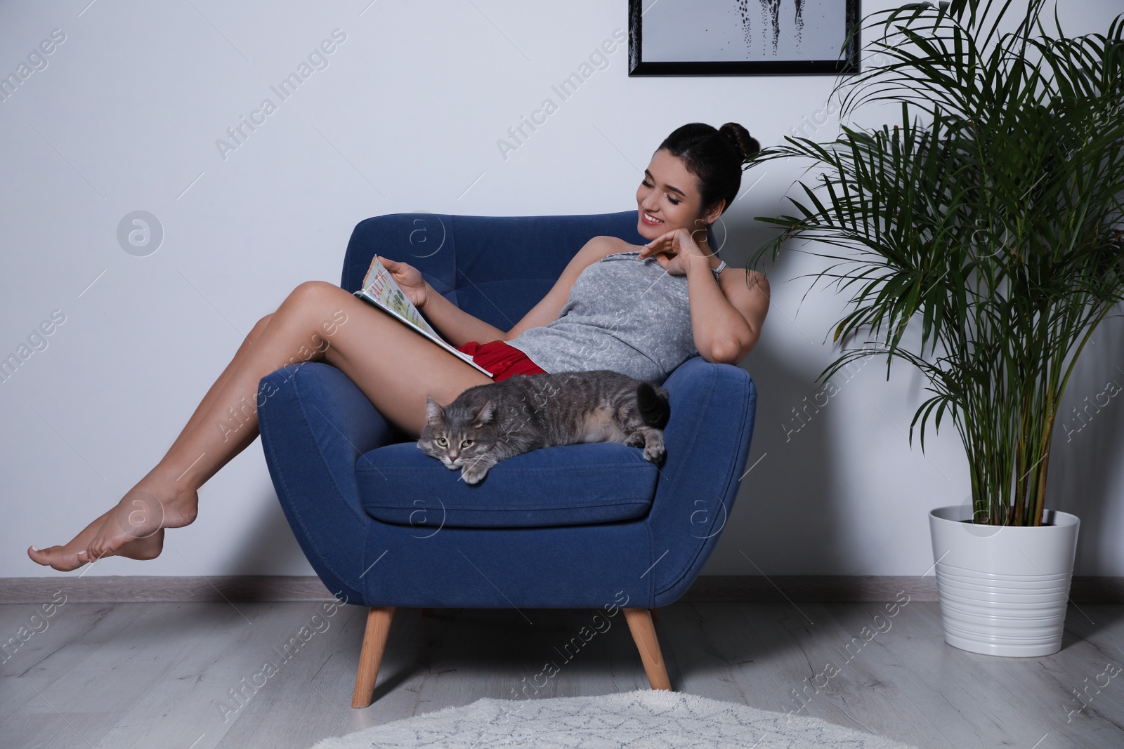 Photo of Young woman with cat and magazine on armchair at home. Cute pet