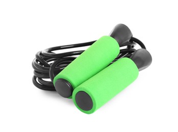 Photo of Black skipping rope with green handles isolated on white