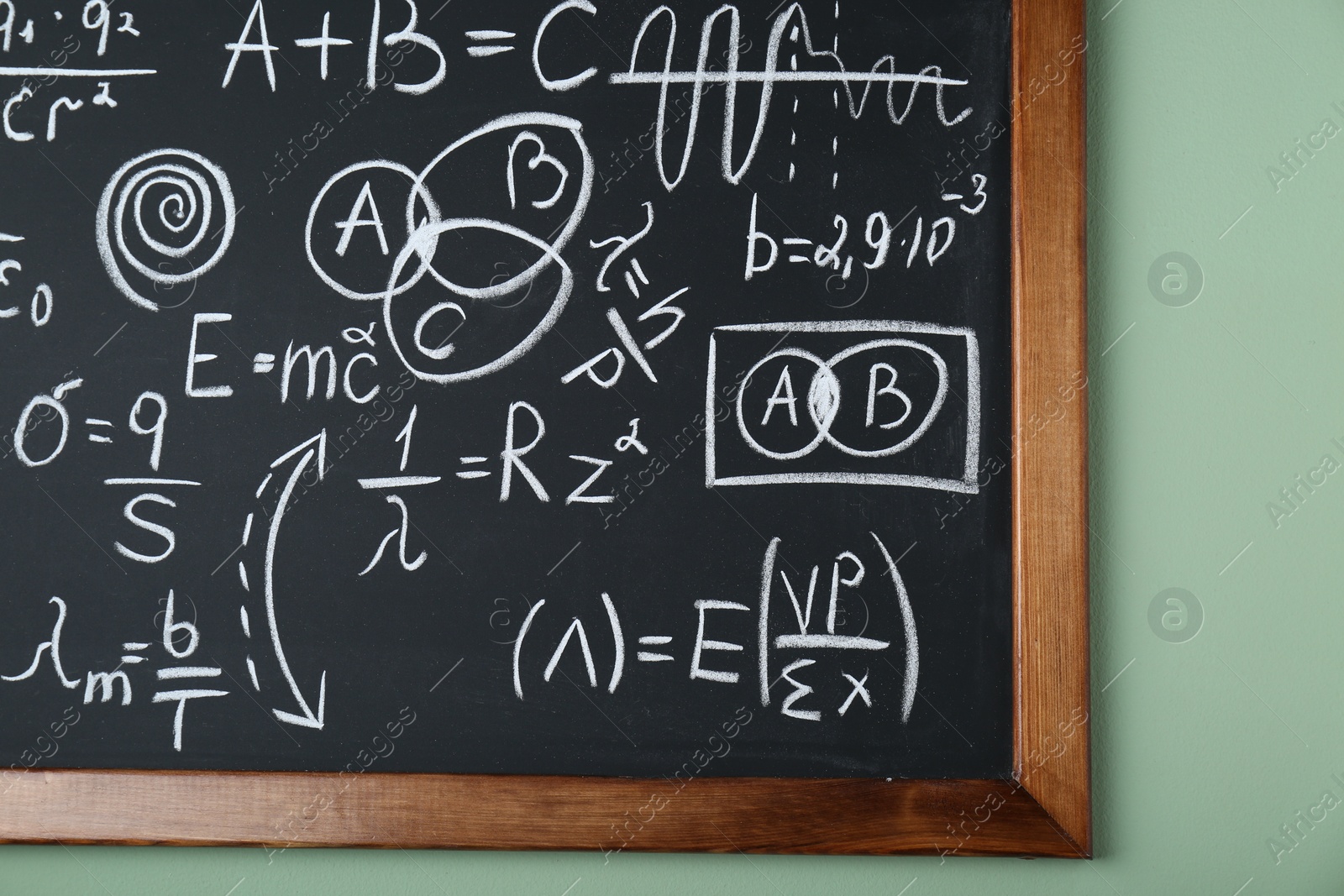 Photo of Blackboard with different physical formulas written with chalk on light green wall