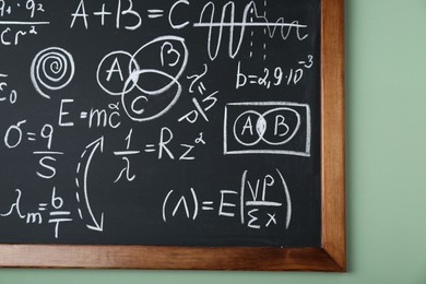 Photo of Blackboard with different physical formulas written with chalk on light green wall