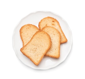 Toasted bread on white background, top view