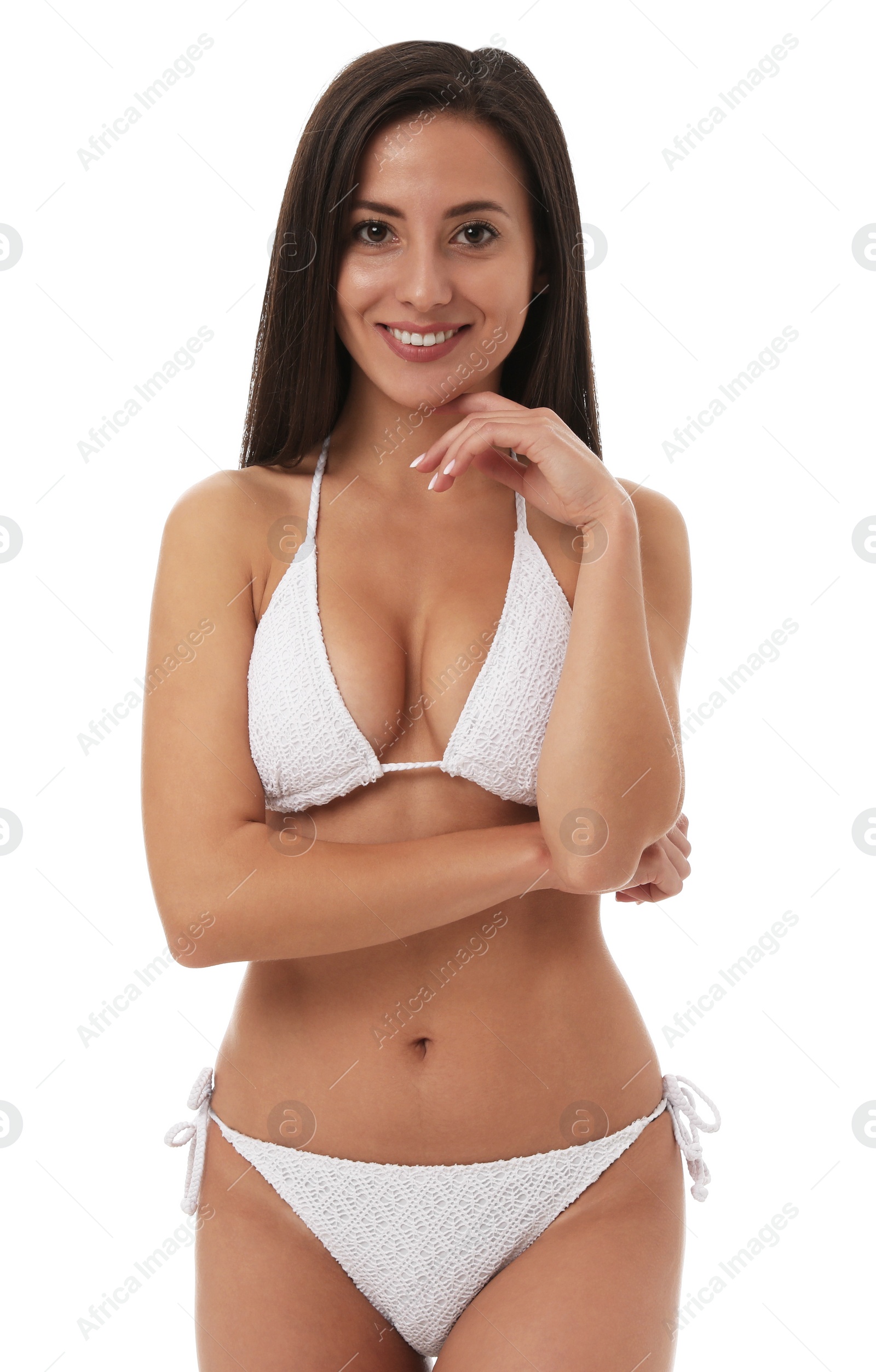 Photo of Pretty sexy woman with slim body in stylish bikini on white background