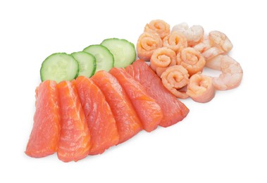 Delicious sashimi set of salmon and shrimps served with cucumbers isolated on white