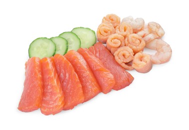 Photo of Delicious sashimi set of salmon and shrimps served with cucumbers isolated on white