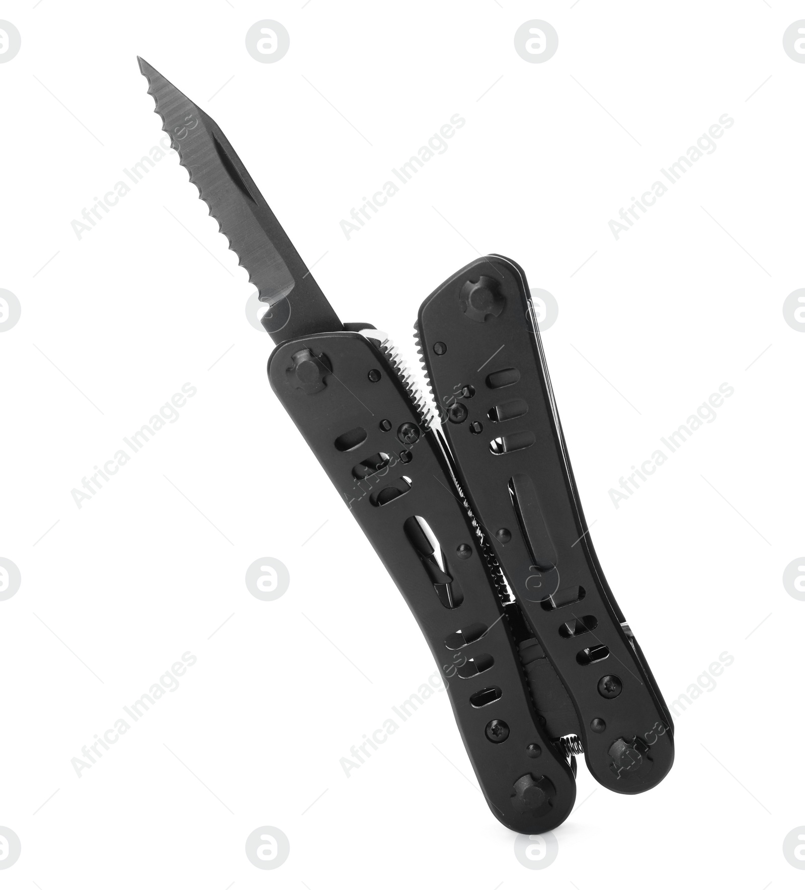 Photo of Compact portable multitool with black handles isolated on white