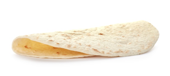 Photo of Corn tortilla on white background. Unleavened bread