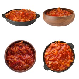 Image of Collage of lecho in dishware on white background, top and side views