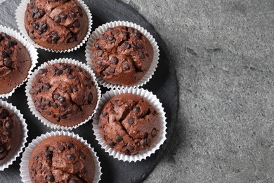 Photo of Tasty chocolate muffins on grey textured table, top view. Space for text