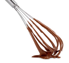 Photo of Whisk with chocolate cream isolated on white