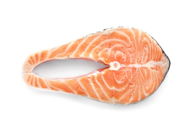 Fresh salmon steak on white background, top view