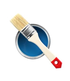 Photo of Can of blue paint with brush isolated on white, top view