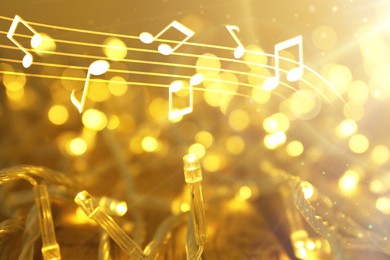 Image of Music notes and Christmas lights, bokeh effect.