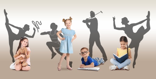 Image of Childhood dreams. Little kids against silhouettes of rhythmic gymnast, runner, golf player and ballet dancer