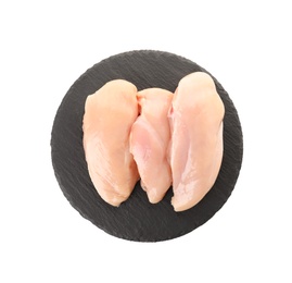 Photo of Slate plate with raw chicken breasts on white background, top view. Fresh meat