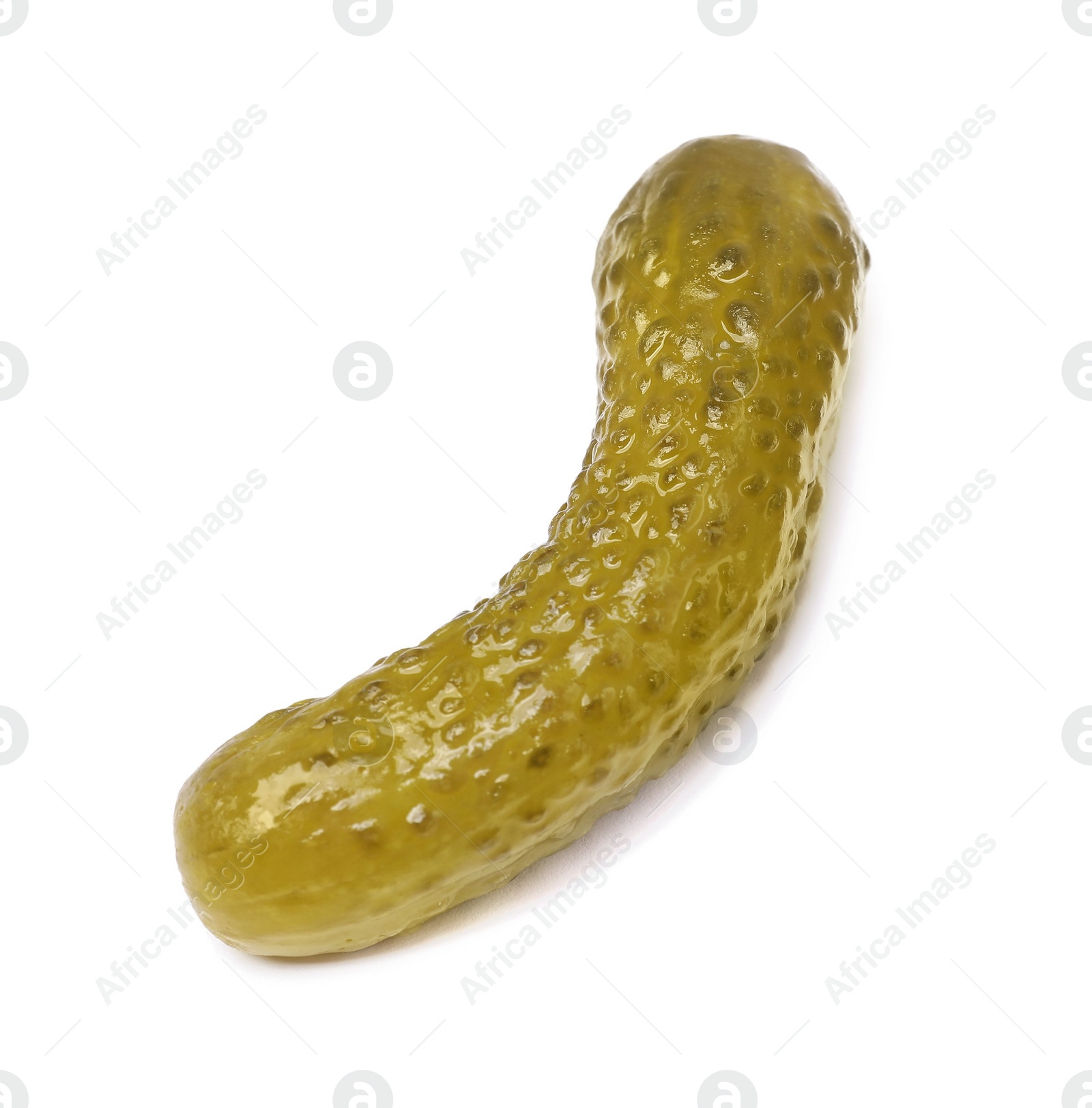 Photo of One tasty pickled cucumber isolated on white