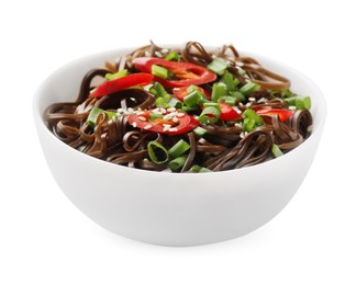 Photo of Tasty buckwheat noodles (soba) with chili pepper and onion in bowl isolated on white