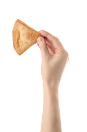 Photo of Woman holding fresh delicious crispy samosa on white background, closeup