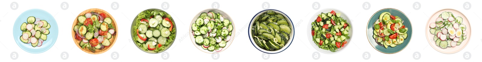 Image of Set of delicious salad with cucumbers and different ingredients on white background, top view. Banner design