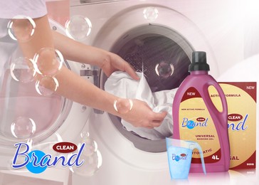 Image of Liquid and powdered laundry detergent advertisement design. Closeup view of woman taking clean clothes out of washing machine