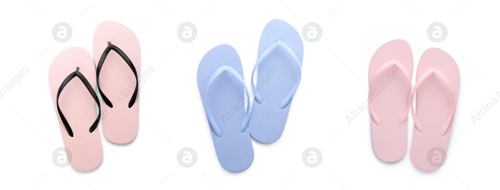 Image of Set with pairs of stylish flip flops on white background, top view. Banner design