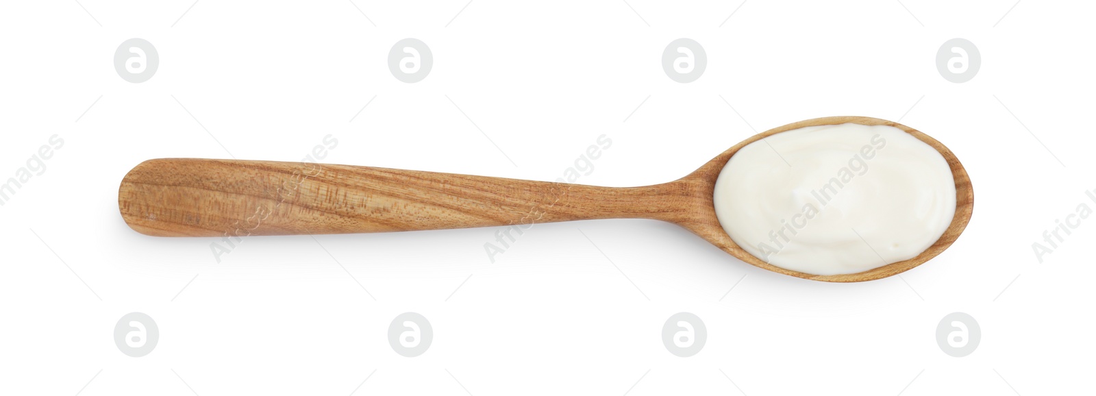 Photo of One wooden spoon with mayonnaise isolated on white, top view