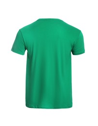 Photo of Mannequin with green men's t-shirt isolated on white. Mockup for design