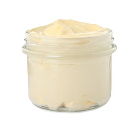 Photo of Jar of delicious mayonnaise isolated on white