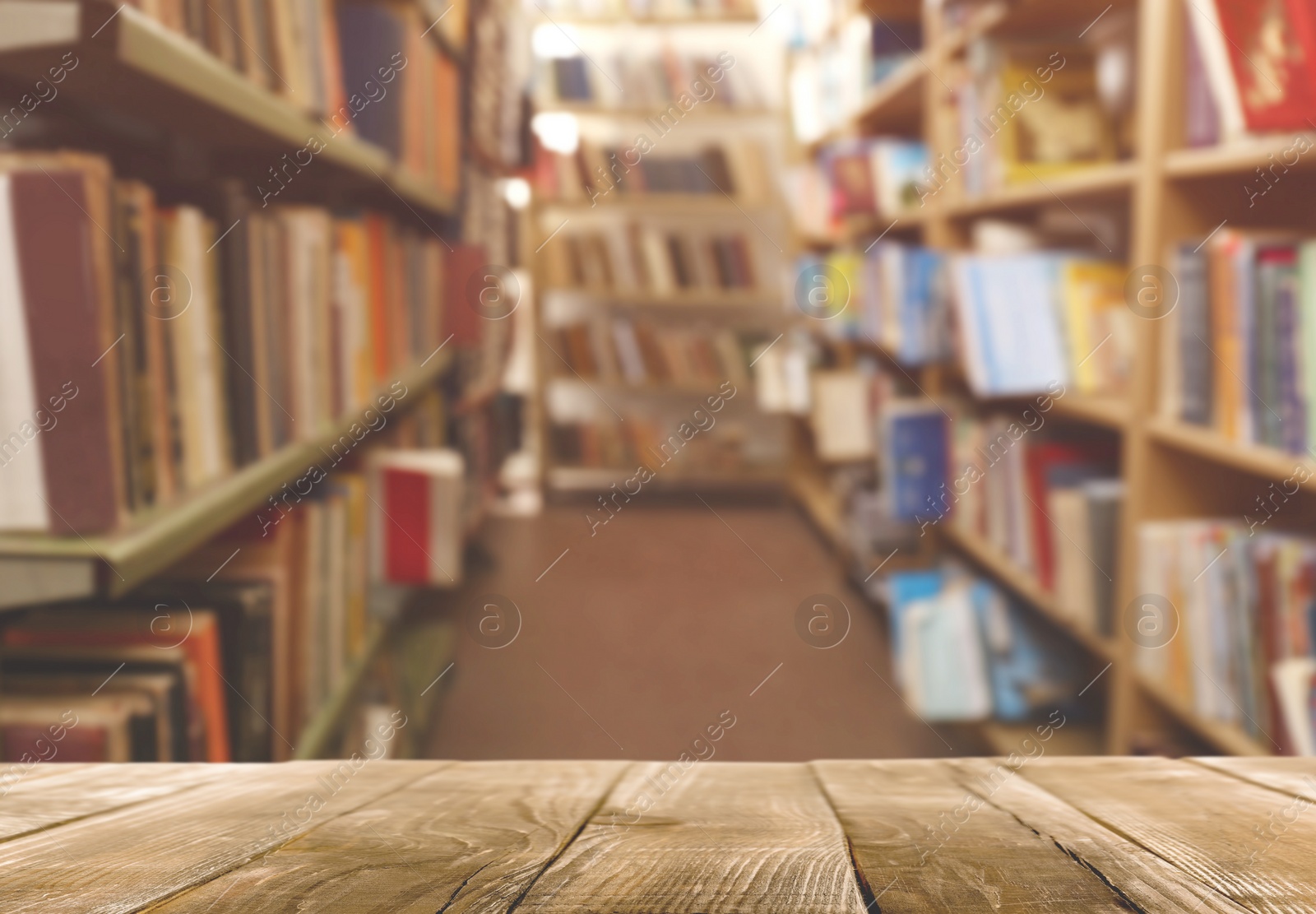 Image of Empty wooden table in library. Space for design 