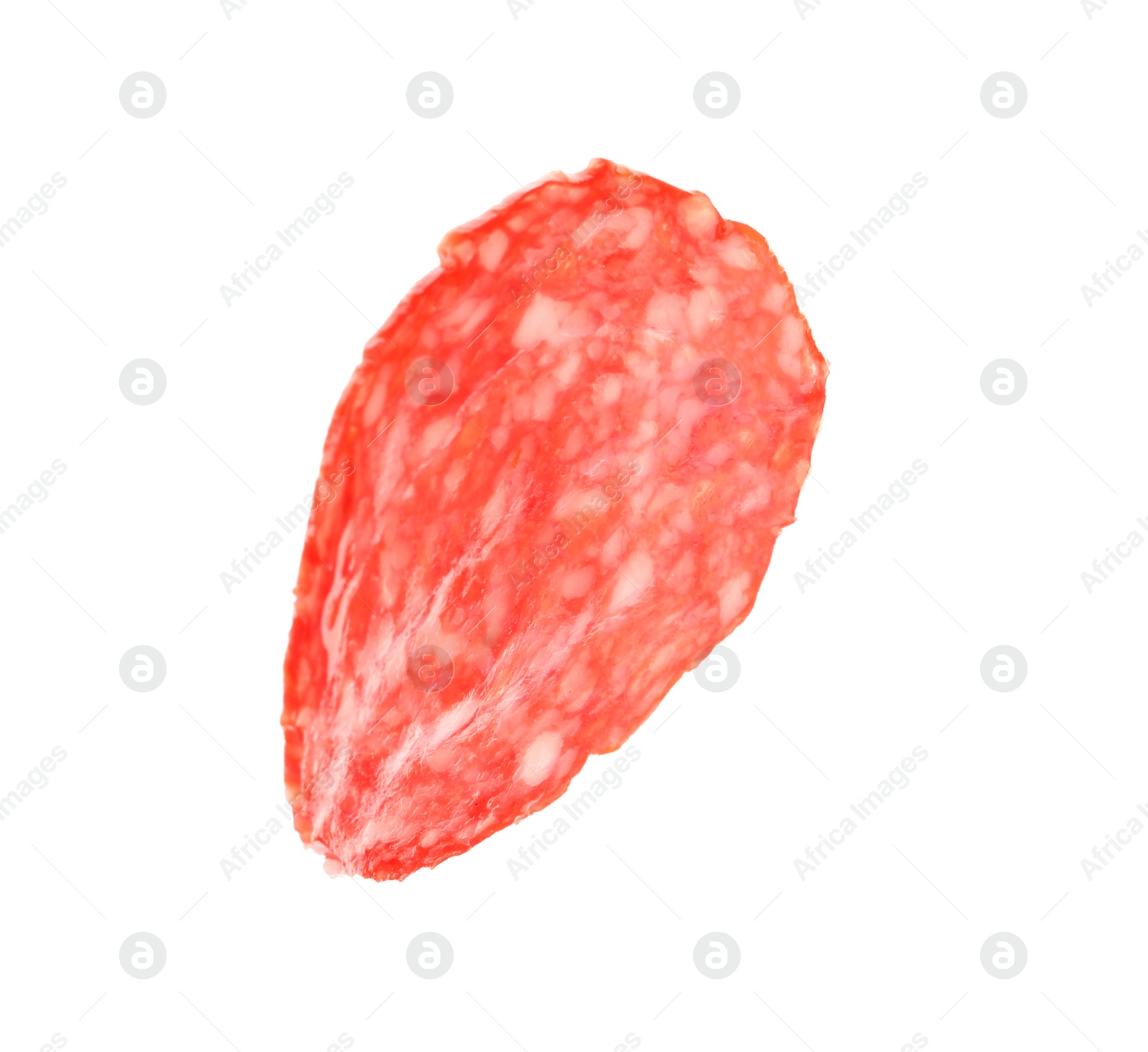 Photo of Slice of tasty salami on white background