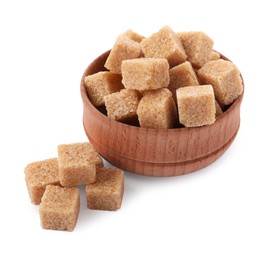 Wooden bowl and brown sugar cubes isolated on white