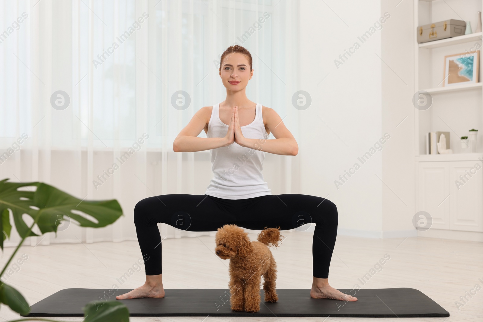 Photo of Young woman practicing yoga on mat with her cute dog at home