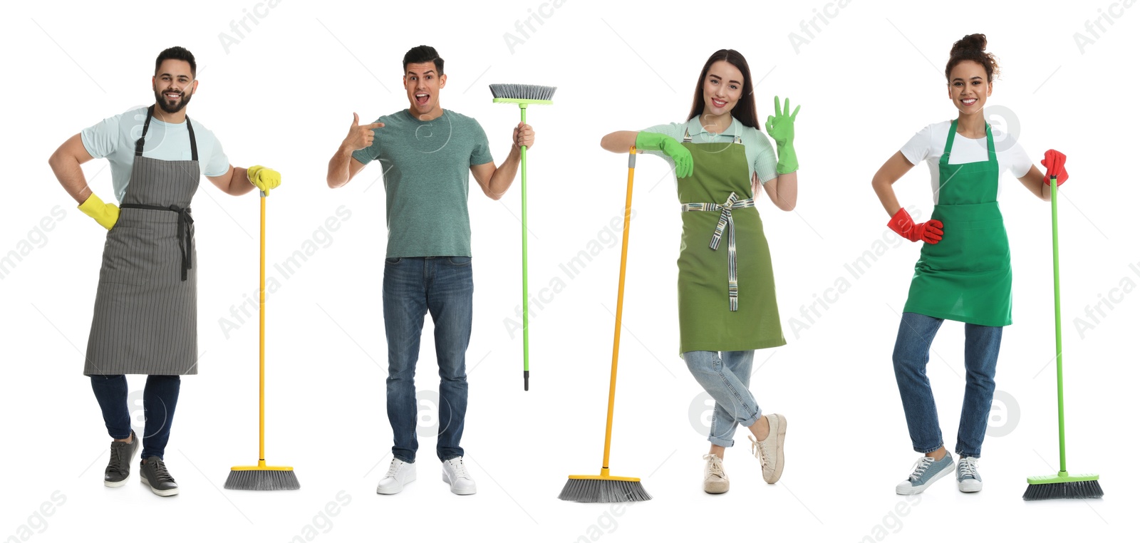 Image of Collage with photos of happy people with brooms on white background. Banner design