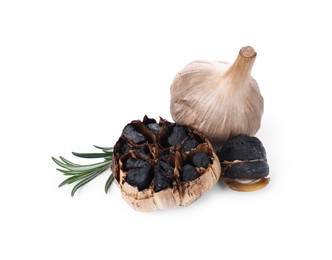 Photo of Fermented black garlic and rosemary isolated on white
