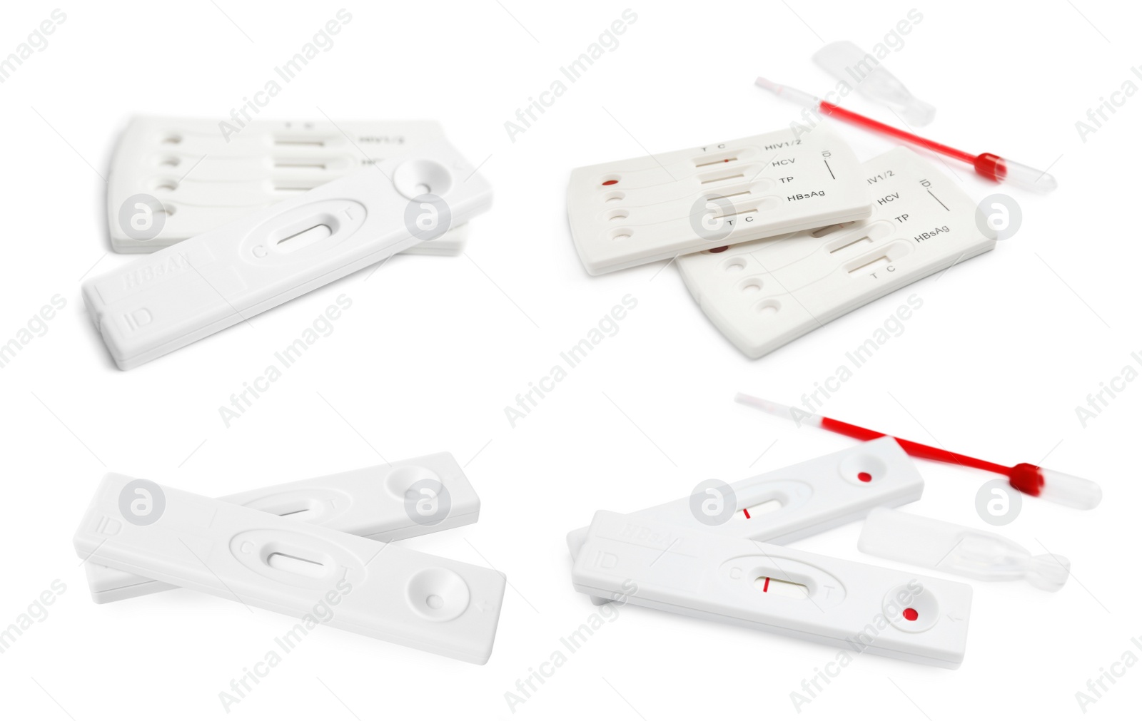 Image of Set with disposable express test kits for hepatitis on white background