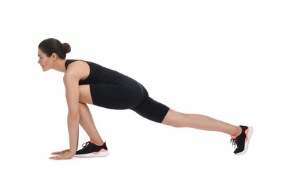 Photo of Woman stretching on white background. Morning exercise