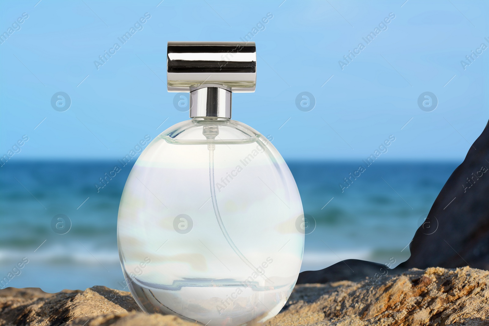 Image of Bottle of aquatic perfume on rock near ocean. Fresh sea breeze scent