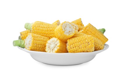 Photo of Many fresh corncobs in bowl on white background