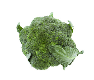 Photo of Fresh green broccoli isolated on white, top view. Organic food