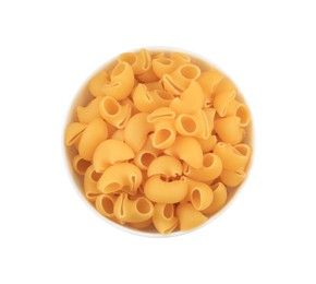 Raw macaroni pasta in bowl isolated on white, top view