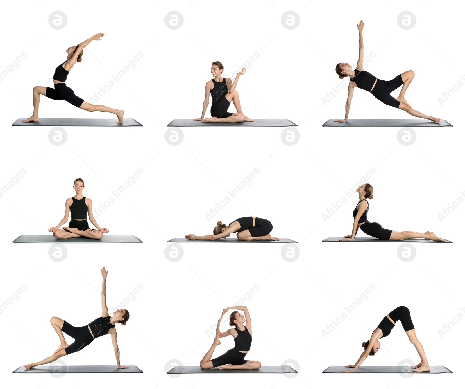 Image of Young woman practicing yoga on white background, collage 