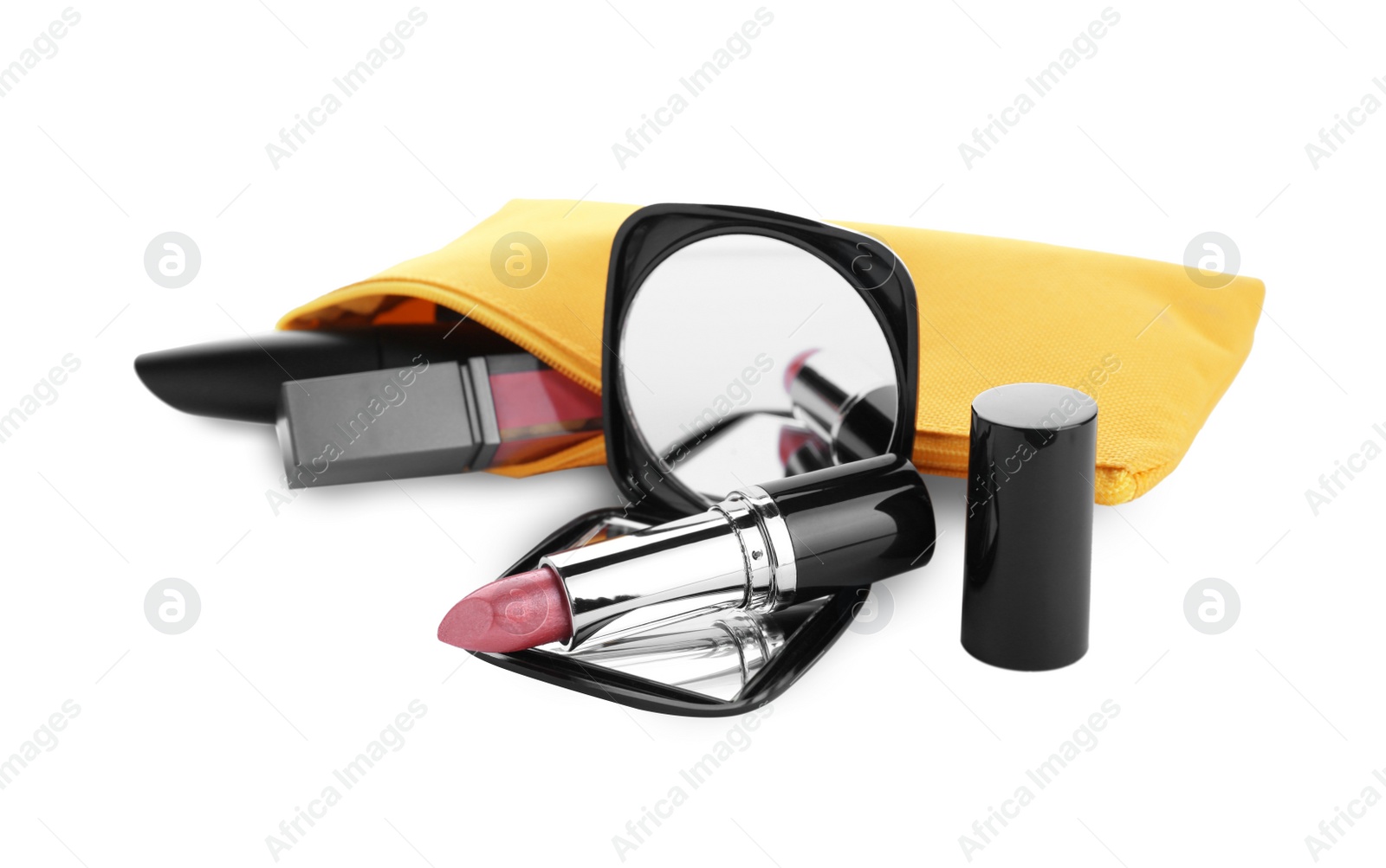 Photo of Stylish pocket mirror and cosmetic bag with makeup products on white background