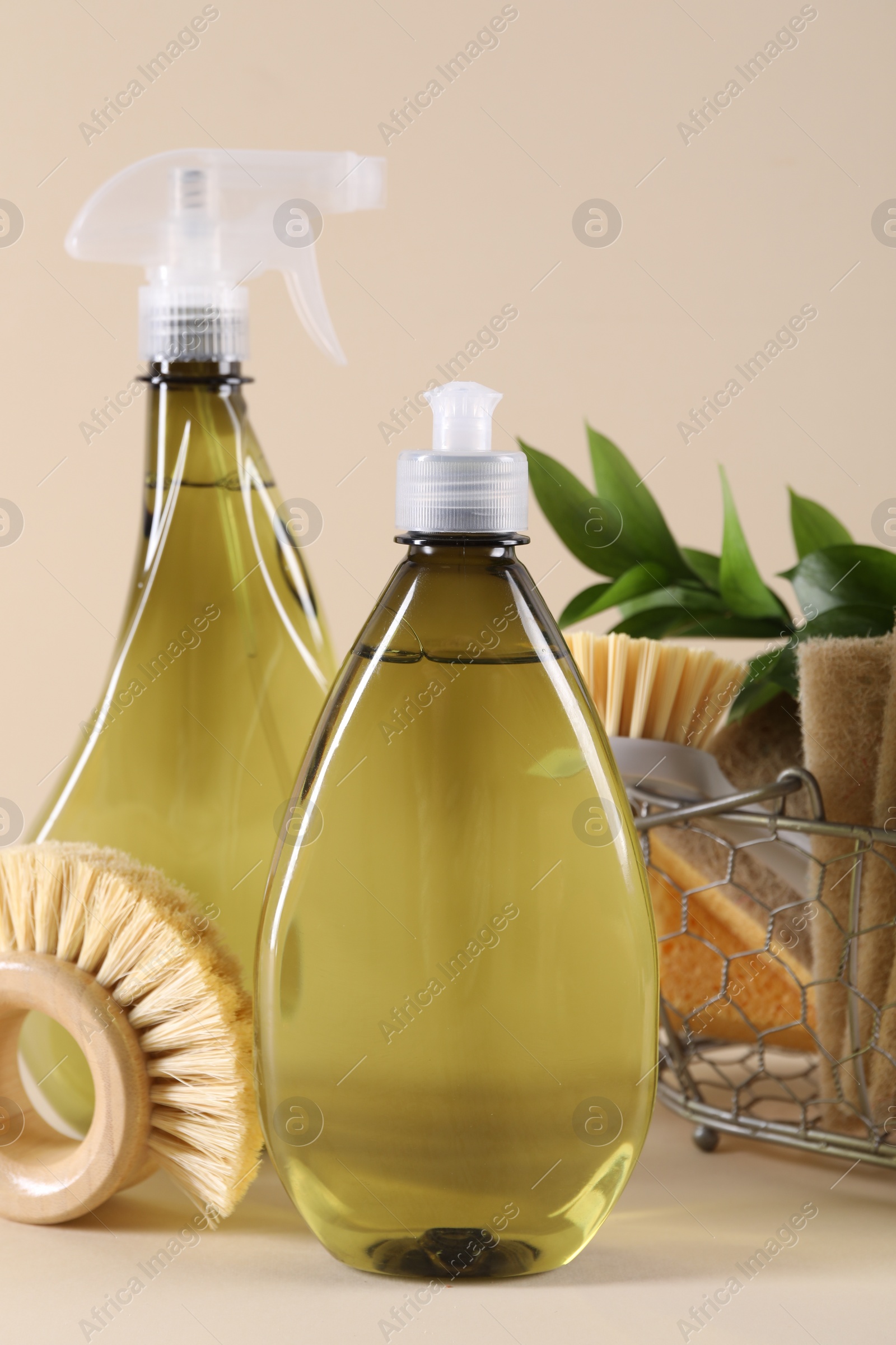 Photo of Bottles of cleaning product, sponges, brushes and floral decor on beige background