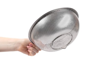 Photo of Woman with metal sieve on white background, closeup