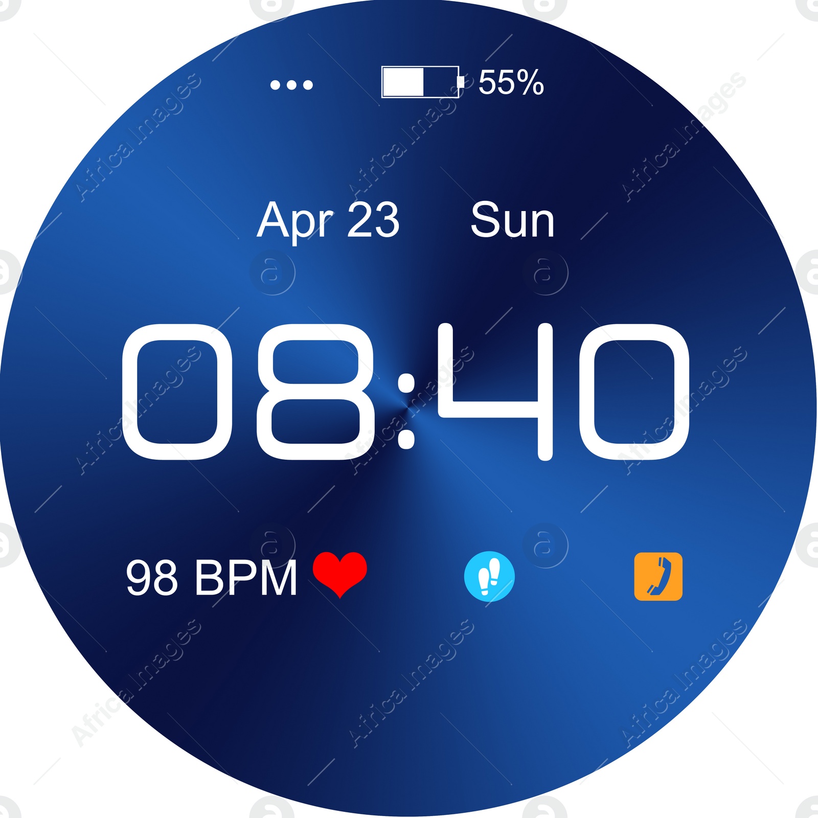 Illustration of Smart watch. Time, date, heart rate and icons on display