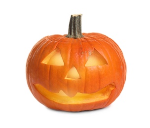 Photo of Cute pumpkin jack o'lantern isolated on white. Halloween decor