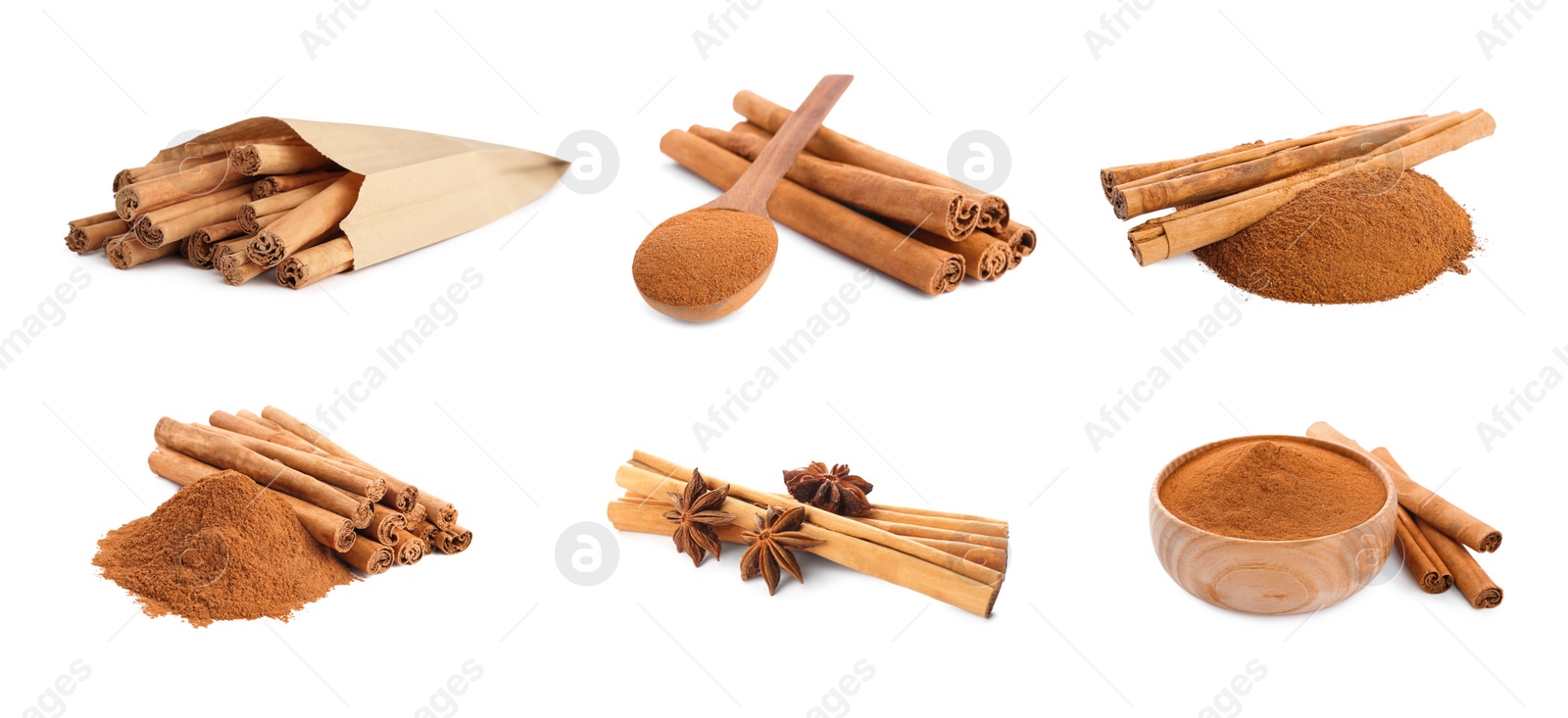 Image of Set with aromatic cinnamon sticks and powder on white background, banner design