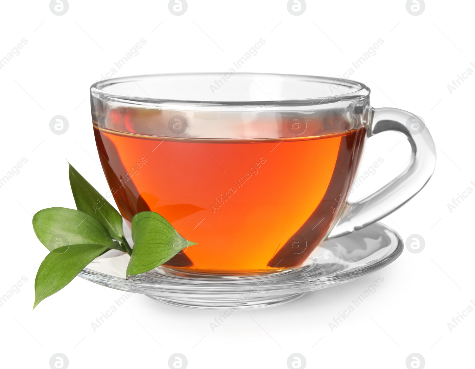 Photo of Glass cup of hot aromatic tea on white background