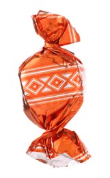Photo of Candy in orange wrapper isolated on white